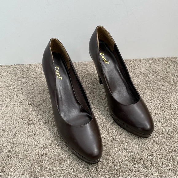 Cami Brown Leather Platform Heels - Picture 1 of 12
